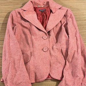 Ann Taylor Fringe Tweed Boucle Textured Woven Puff Sleeve Blazer Jacket Pink